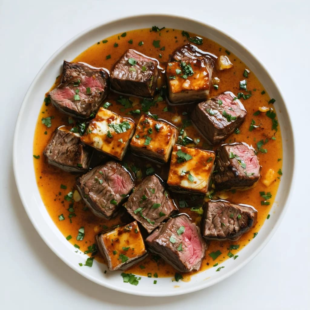 Cowboy Butter Steak Bites sizzling in skillet with cowboy butter sauce