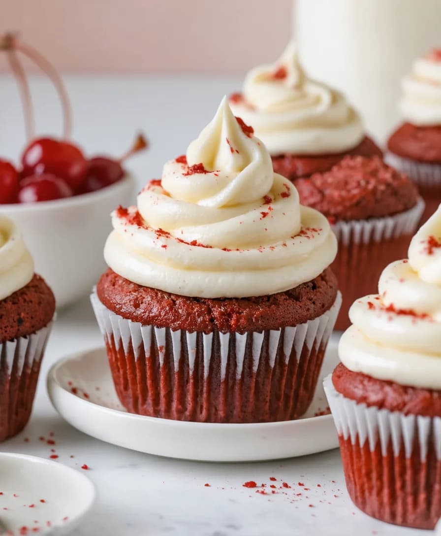 Vegan Red Velvet Cupcakes on Plate.