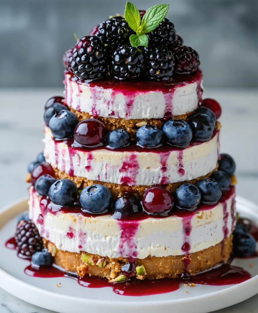 Pistachio Blackberry Cheesecake Towers Close-up