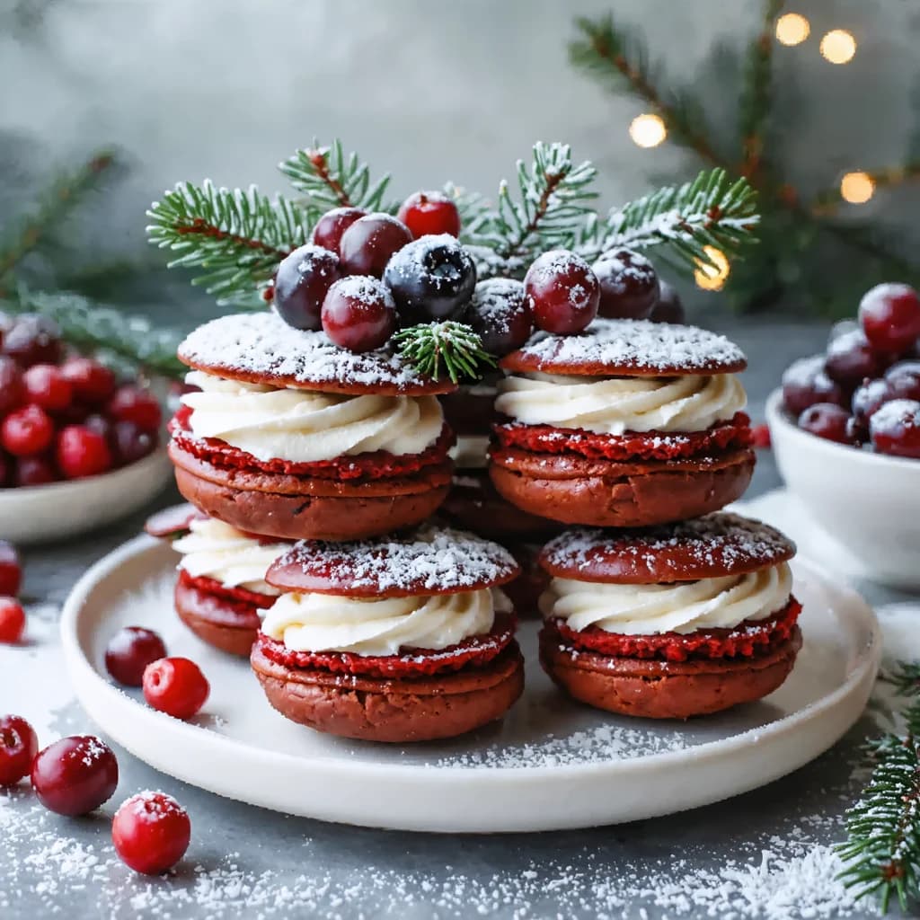 Red Velvet Wreath Whoopie Pies with Winter Berries & Cream