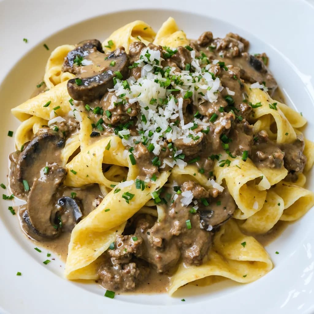 Delicious ground beef stroganoff served over egg noodles with creamy mushroom sauce, garnished with fresh parsley in a white bowl.