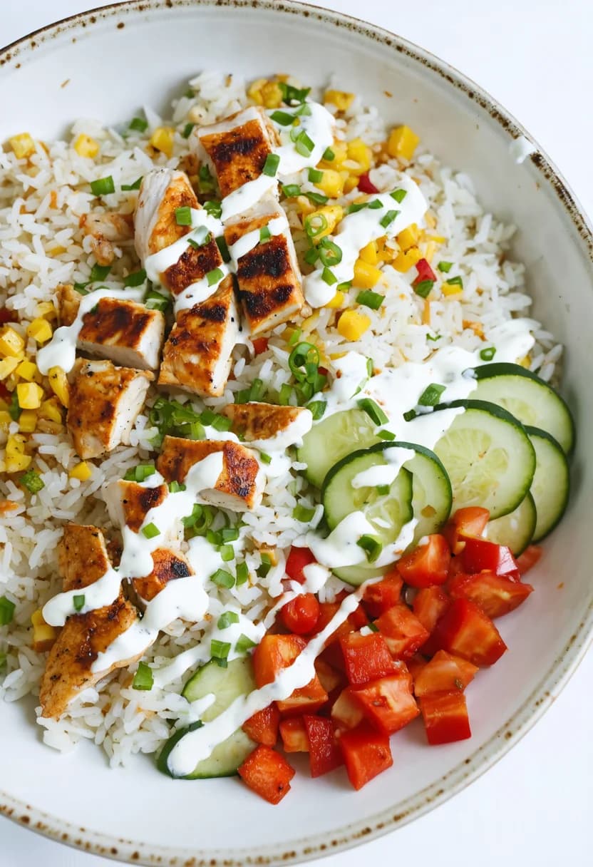 Homemade Chicken Shawarma Bowl with Rice and Vegetables